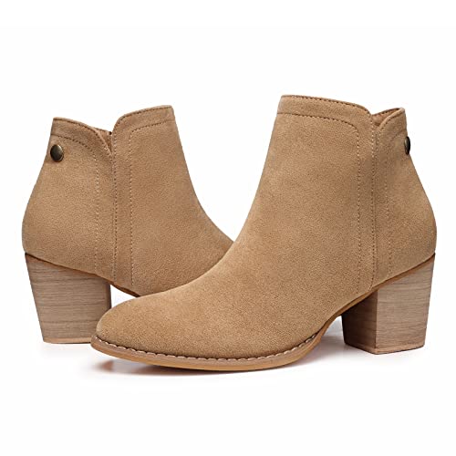 Women's Ankle Boots Heel: Chunky Heeled Short Fall Booties Faux Suede Side Zipper Casual Tan Western Shoes Size 8.5