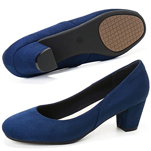 Low Block Heel Pumps for Women 2 inch Comfortable Round Closed Toe Chunky Heels Office Work Dress Shoes Business Formal Blue US Size 7